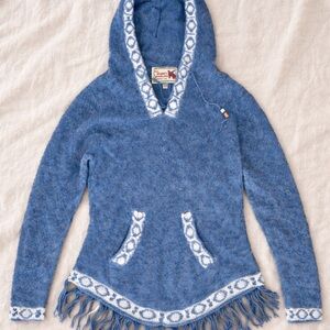 Alpaca Connection Blue Hooded Alpaca Wool Sweater Fringe Boho M